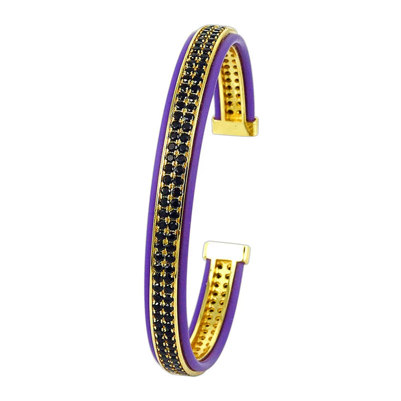 Men's CZ Beads Rhinestone Purple Leather Cuff Bangle