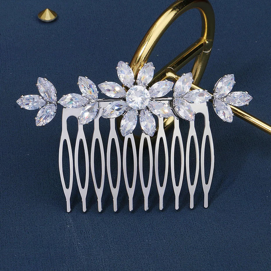 CZ Flower Hair Combs Bridal Wedding Accessories Silver Headpiece