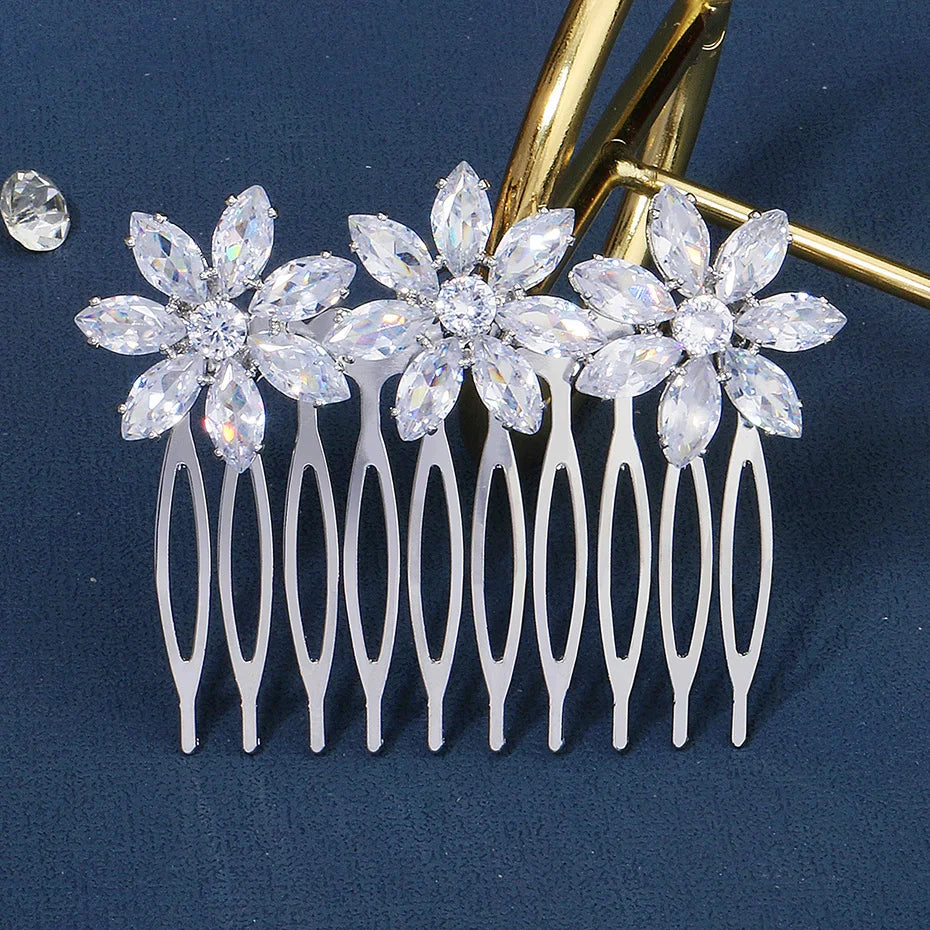 CZ Flower Hair Combs Bridal Wedding Accessories Silver Headpiece