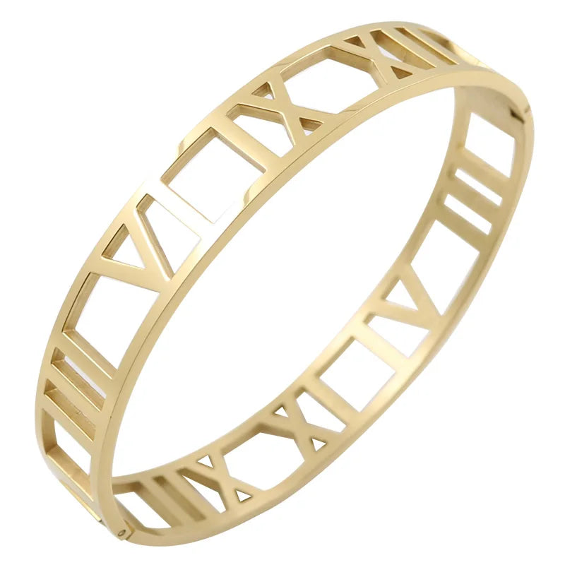 Roman Numerals Stainless Steel Cuff Bangle Bracelet 12MM
