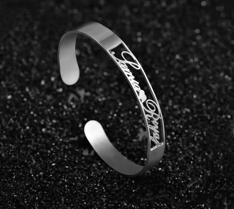 Personalized Heart Bracelet, Stainless Steel Name Open Bangle Women