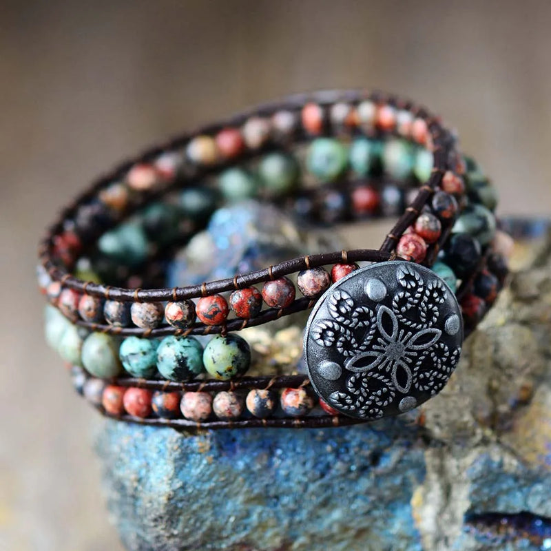 Natural Jasper Cuff Bracelet Vintage Leather Wrap Bohemian Statement
