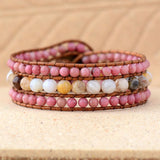 Rhodonite Japser Leather Cuff Bracelet Bohemian Stone Women Jewelry