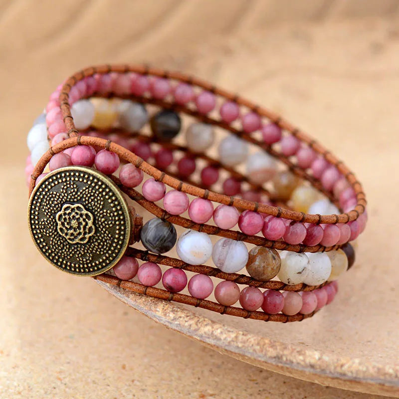Rhodonite Japser Leather Cuff Bracelet Bohemian Stone Women Jewelry