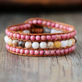 Rhodonite Japser Leather Cuff Bracelet Bohemian Stone Women Jewelry