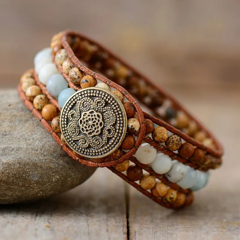 Amazonite Leather Wrap Bracelet Women Jewelry