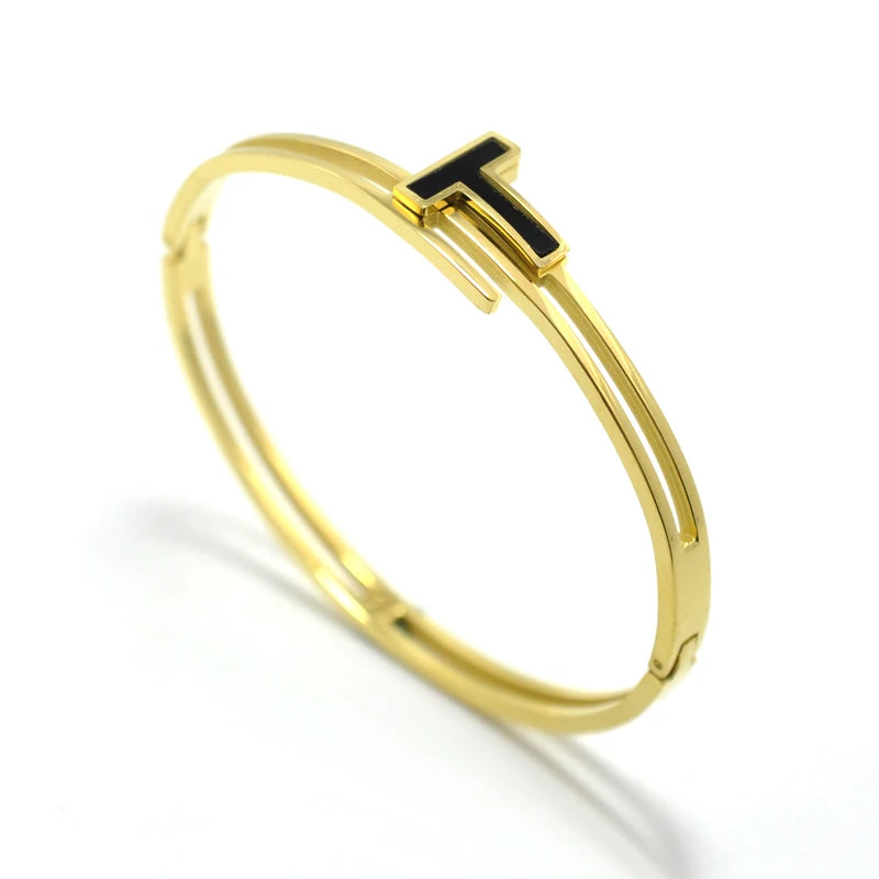 Gold-Color Stainless Steel Cuff Lover Bangle for Women