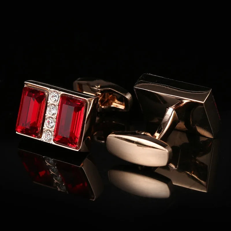 Golden Men's Cufflinks Red Crystal French Shirt Vintage Accessory