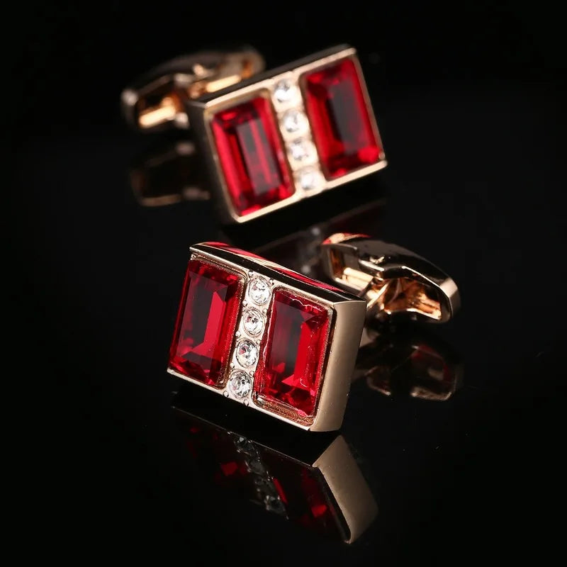 Golden Men's Cufflinks Red Crystal French Shirt Vintage Accessory