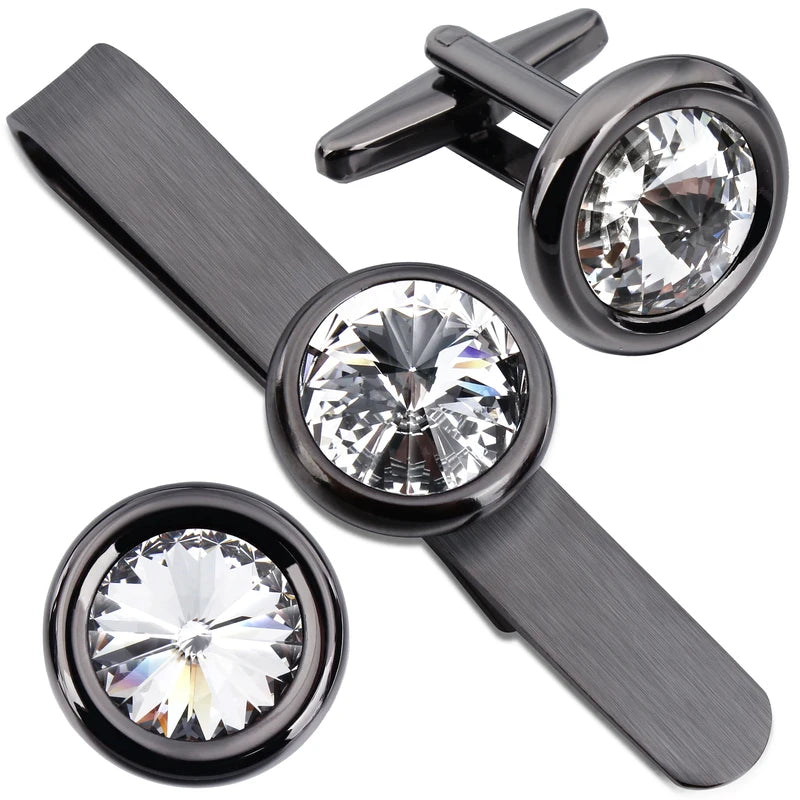 Crystal Cufflinks & Tie Bar Set for Men