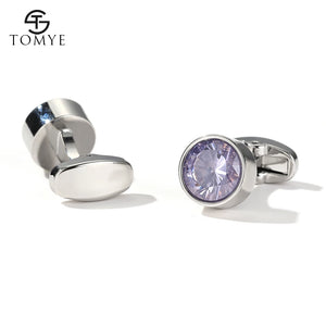 Men's Purple Crystal Round Silver Cuff Links