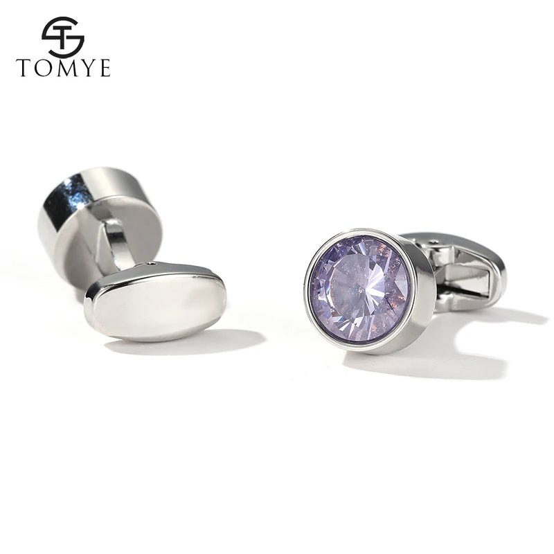 Men's Purple Crystal Round Silver Cuff Links