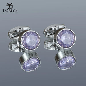 Men's Purple Crystal Round Silver Cuff Links