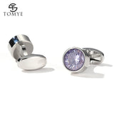 Men's Purple Crystal Round Silver Cuff Links