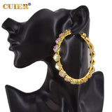CuiEr Square Glass Crystal Hoop Earrings Jumbo Size for Party Show Drag Queen