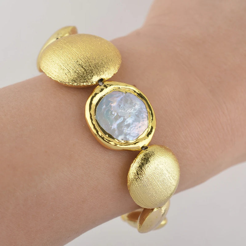 Cultured Coin Keshi Pearl Bracelet Brushed Bead Jewelry