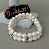 Green Cz Spacer Pearl Stretch Bracelet