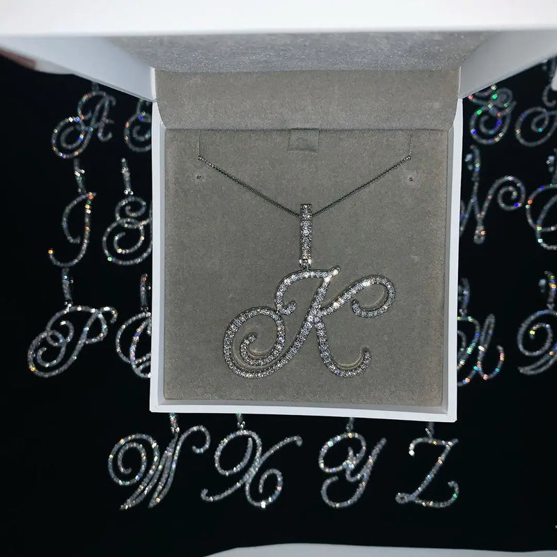 Cursive 26 Initial Letter Pendant Necklace Micro Pave CZ Alphabet Name Jewelry