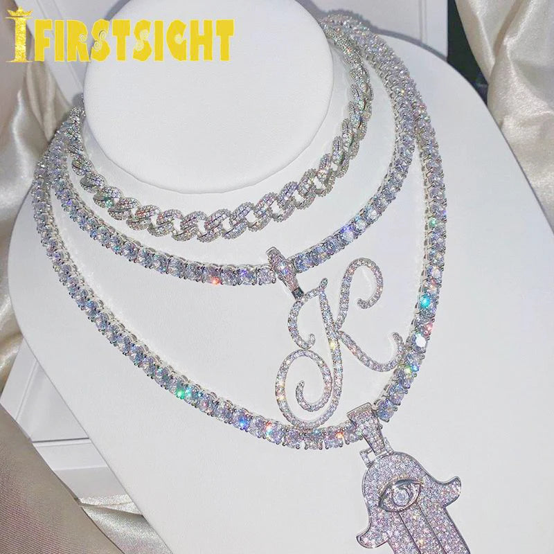 Cursive Name Pendant Necklace CZ Iced Out Choker HipHop Jewelry