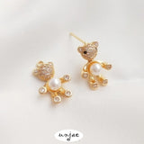 14K Zircon Bear Pearl Pendant & Earrings DIY Inlay Accessory