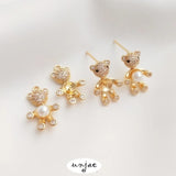 14K Zircon Bear Pearl Pendant & Earrings DIY Inlay Accessory