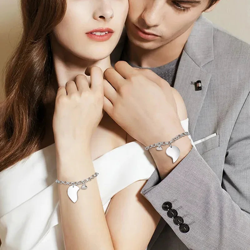 Couples Magnetic Heart Puzzle Bracelet Set, Stainless Steel Charm Jewelry