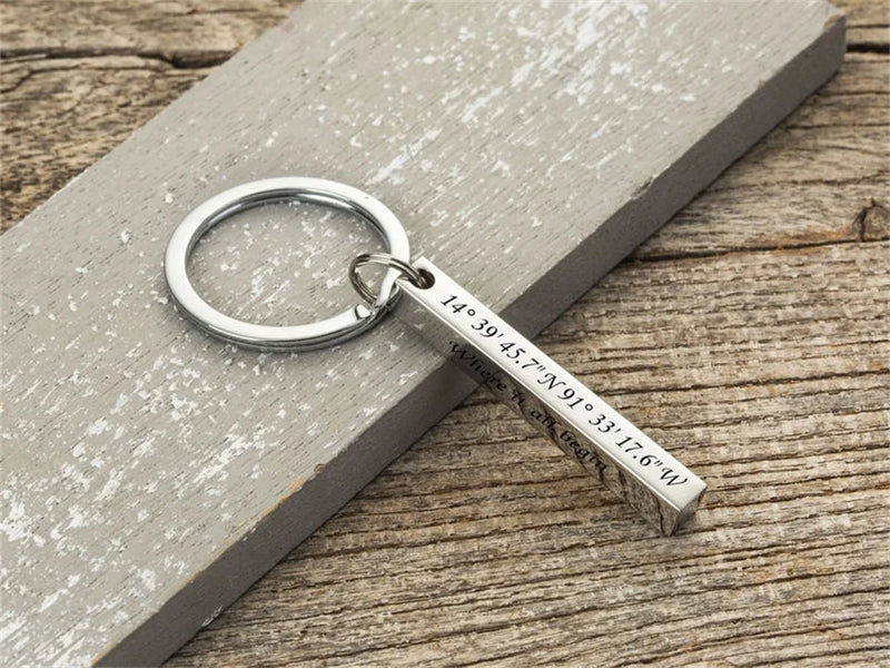3D Bar Engraved Name Date Keychain Stainless Steel Rectangle Keyring