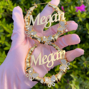 Bamboo Earrings Diamond Butterfly Big Letter Personalised Name Women Gift