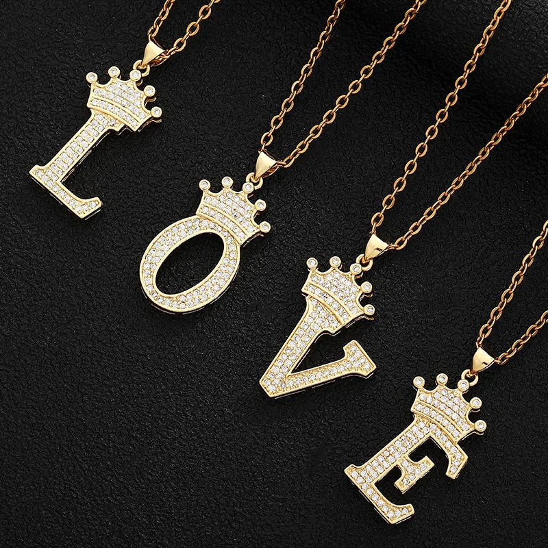 A-Z Letters Necklaces Crown Letter Pendant Necklace