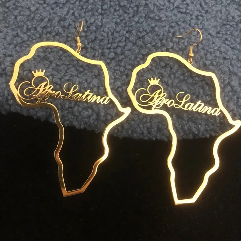 Africa Map Crown Name Earrings Stainless Steel Punk Drop Earrings
