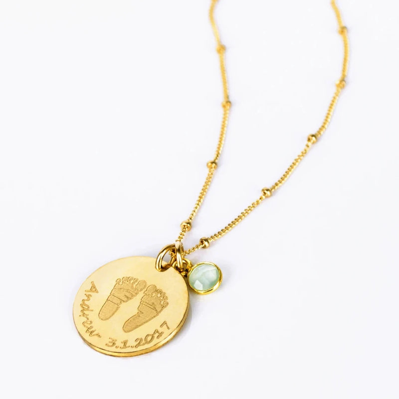 Baby Footprint Necklace Engraved Date Birthstone Locket Handprint Jewelry