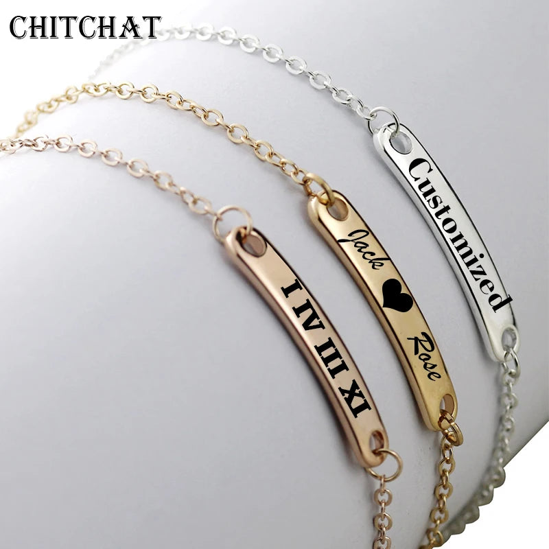 Custom Name Bar Bracelet - Engraved Date Letter Charm