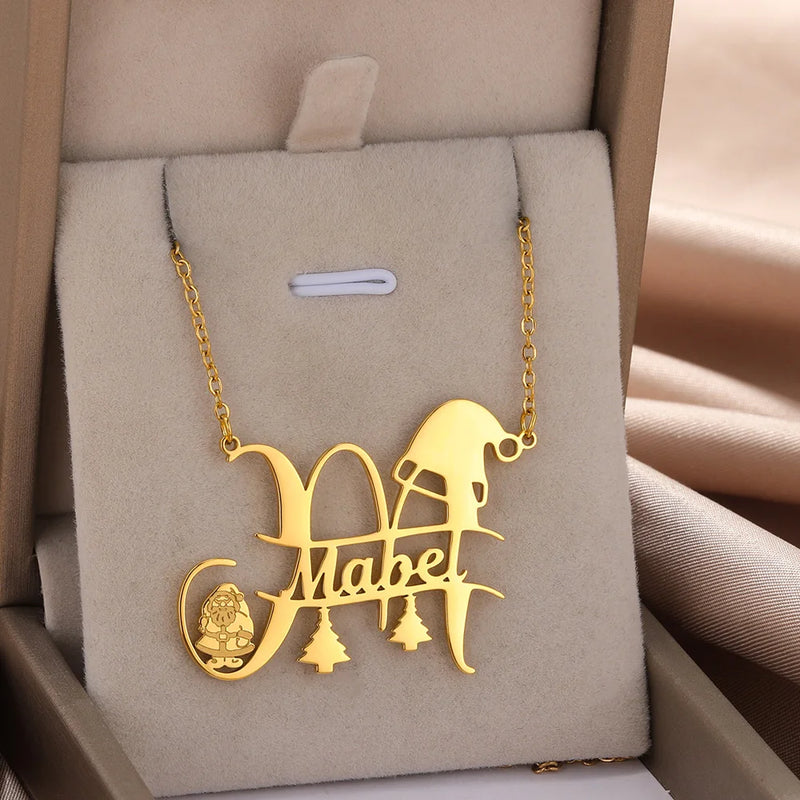 Custom Big Initials Santa Claus Name Necklace Stainless Steel Nameplate Necklace