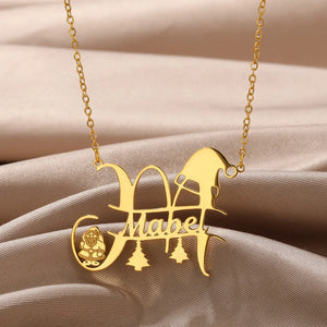 Custom Big Initials Santa Claus Name Necklace Stainless Steel Nameplate Necklace