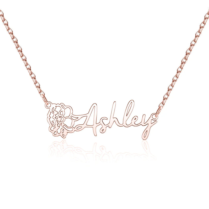 Personalized Birth Flower Name Necklace Stainless Steel Pendant Jewelry