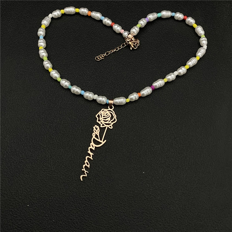 Birthday Flower Name Necklace Personalized Freshwater Pearl Chain Pendant
