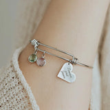 Birthstone Carved Name Bangle For Women Stainless Steel Adjustable Bangle