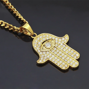 Bling Ice Out Hamsa Palm Protection Pendant Evil Eye Hiphop Necklace