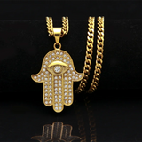 Bling Ice Out Hamsa Palm Protection Pendant Evil Eye Hiphop Necklace
