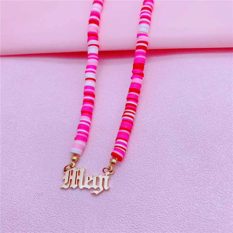 Boho Beach Name Necklace Pearl Clay Pendant Women Girls Gift
