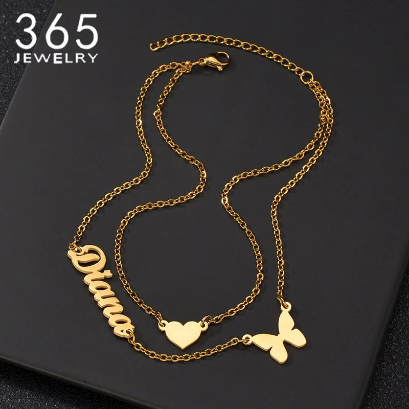Double Layer Name Bracelet Anklet Personalized Jewelry Heart Butterfly Shape