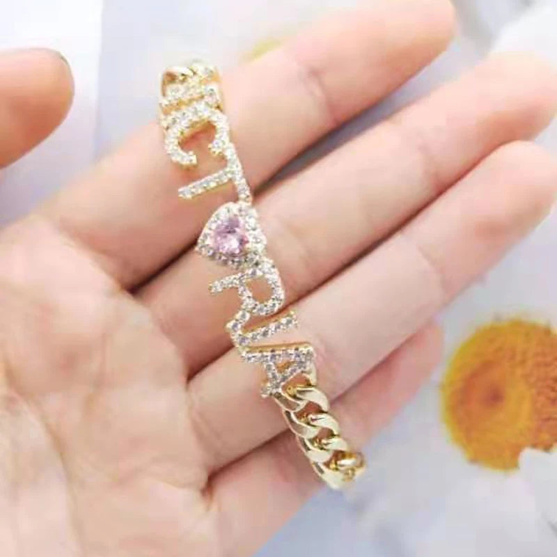 Personalized Name Bracelets Cuban Chain/Pink Stone Bangle