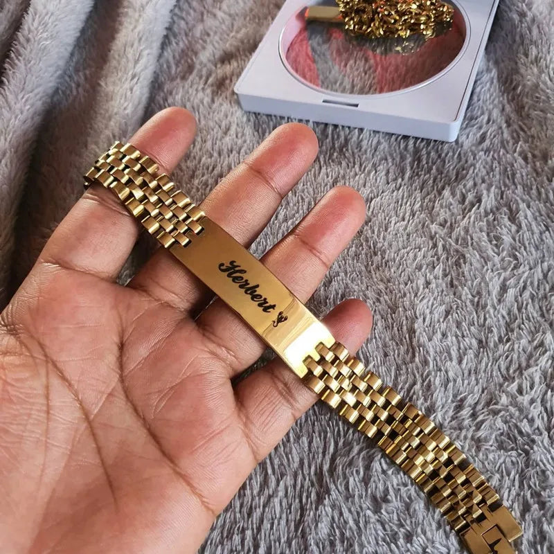 Stainless Steel ID Name Watch Bracelet Engraving Personalized Jewelry