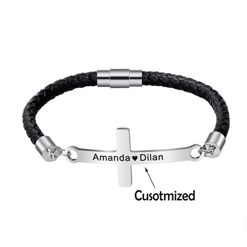 Braided Leather Rope Bracelets with Names for Couple Trust in God Cross Charm