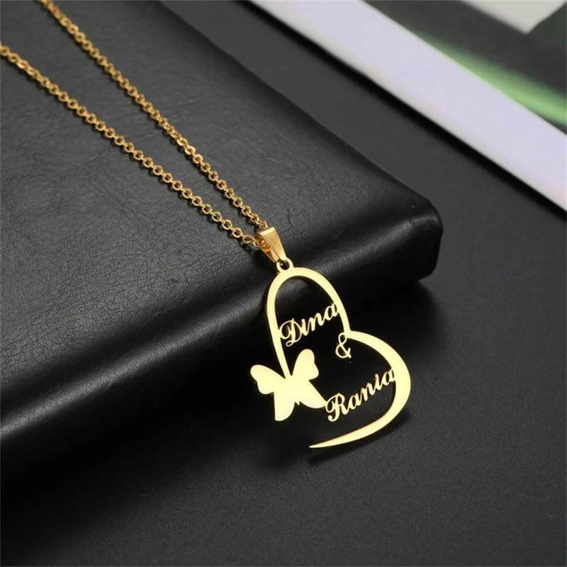 Butterfly Double Name Necklace Stainless Steel Necklace Lady Butterfly Necklace