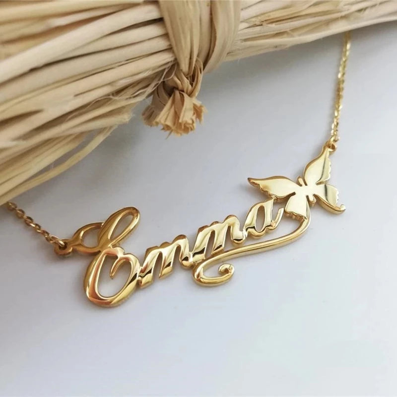 Butterfly Name Necklace Heart Ribbon Stainless Steel Chain Pendant