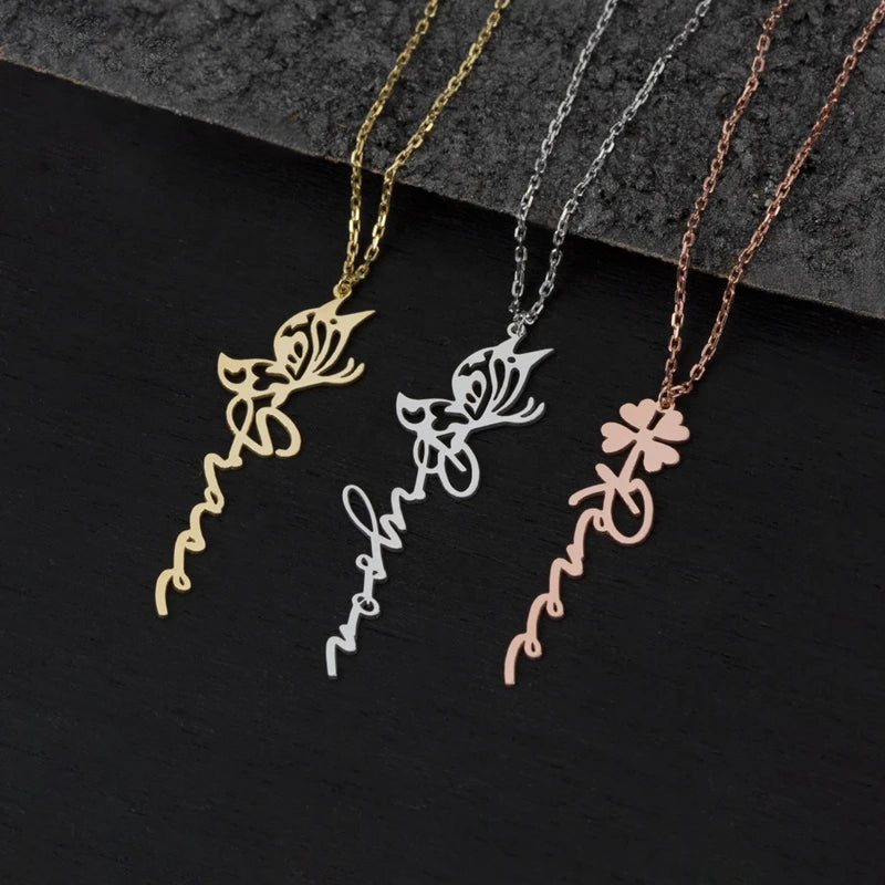 Butterfly Necklace Stainless Steel Jewelry Personalizado Flower Namep