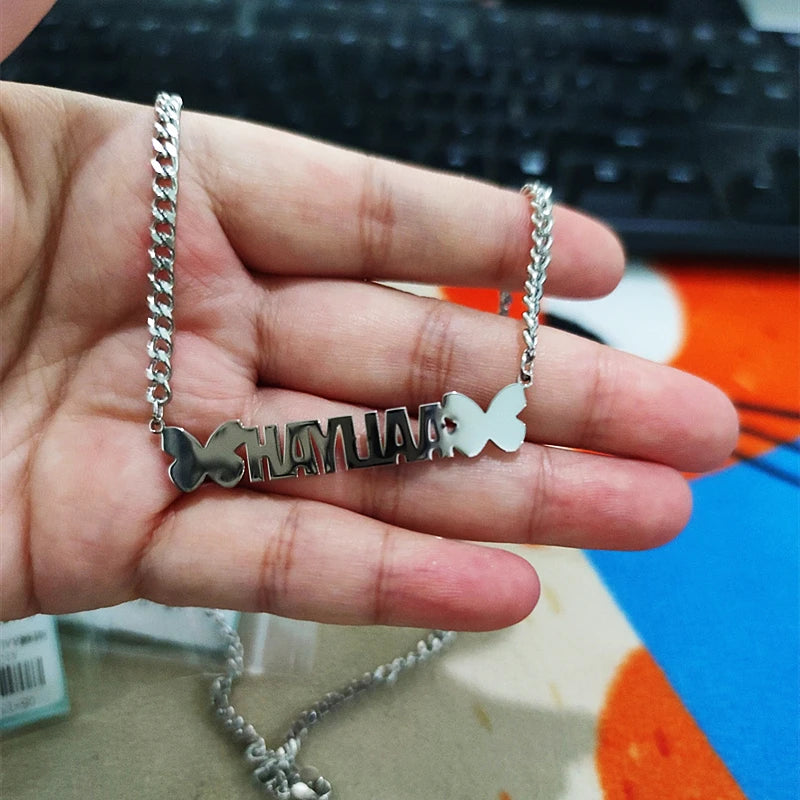 Butterfly Name Necklace Stainless Steel Cuban Chain Personalized Choker Gift