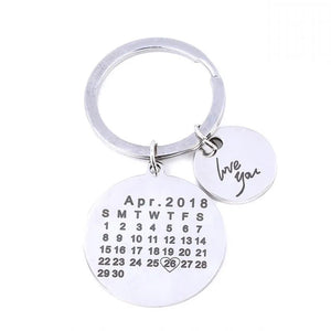 Calendar Keychain Circle Pendant Keyring Stainless Steel Engraved Date