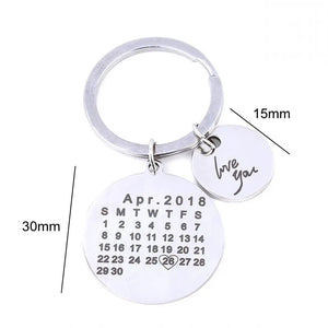 Calendar Keychain Circle Pendant Keyring Stainless Steel Engraved Date